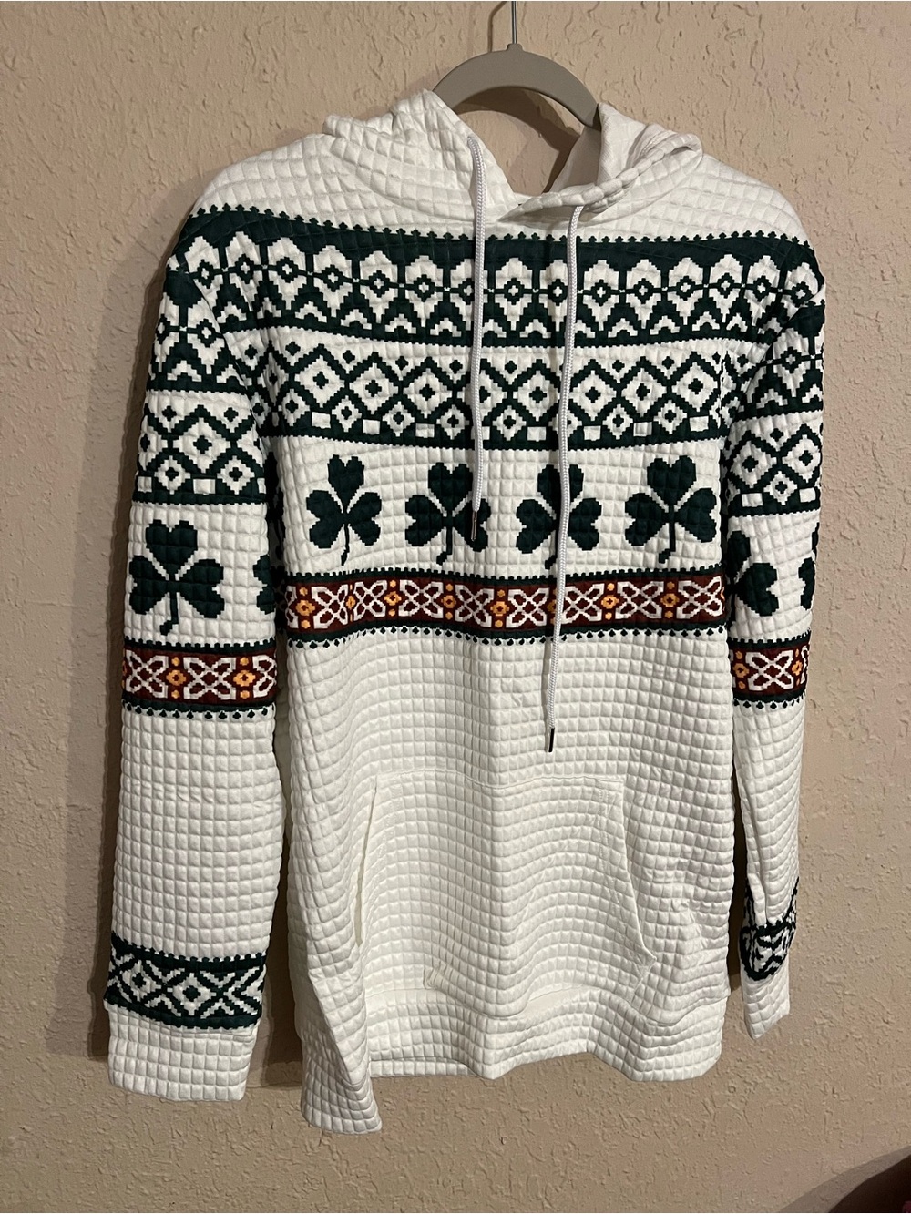 White Knit Hoodie Sweater with Green Shamrock Fair Isle Pattern